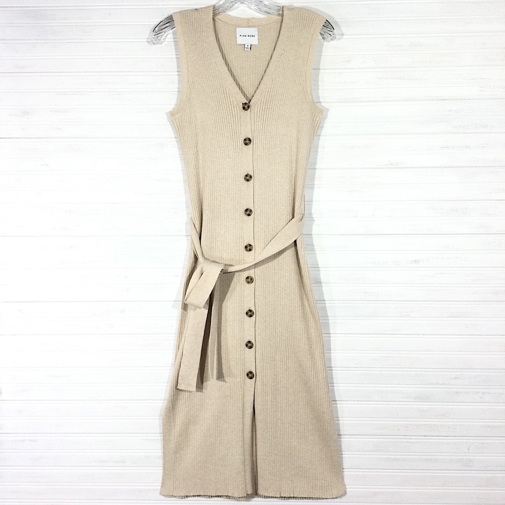 PINK ROSE Knit Button Down Bodycon Midi Dress